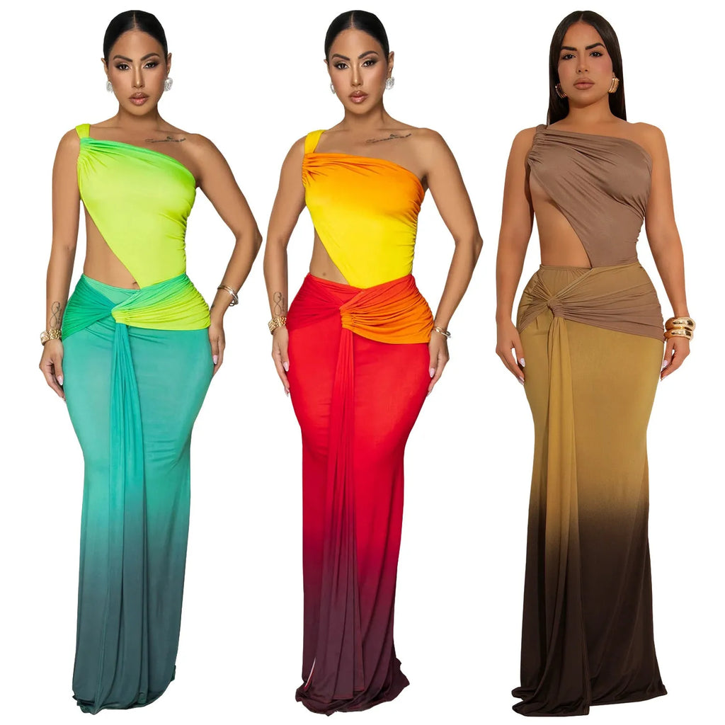 Women's gradient colour cross-shoulder sleeveless dress with a long skirt, shown in brown.