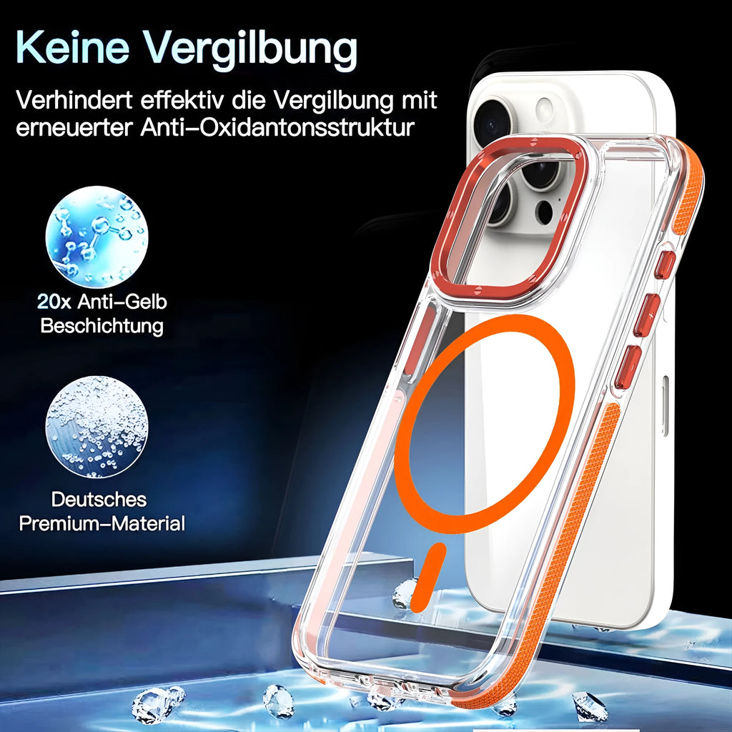 X transparent magnetic phone case with two-tone edge in black on an iPhone showing the back