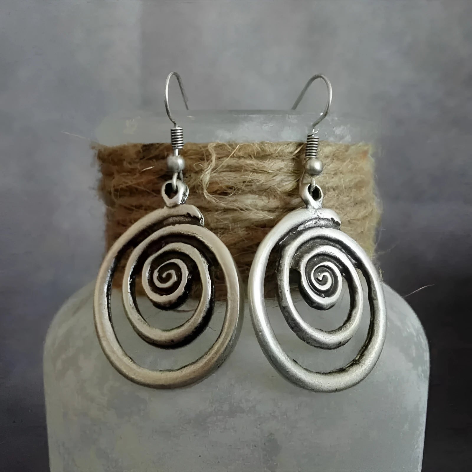 Geometric spiral distressed silver earrings with retro bohemian style