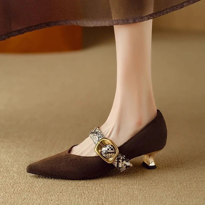 Women's black French pointed toe stiletto heels with buckle fastening and 3-5cm heel