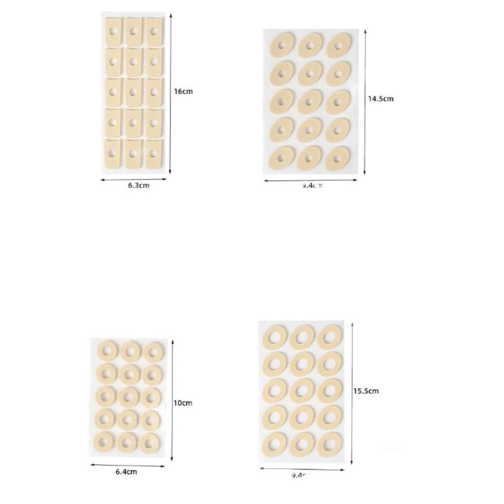 Four shapes of women's lightweight PU heel corns protective toe pads: large oval, small oval, U-shaped, and circular section.