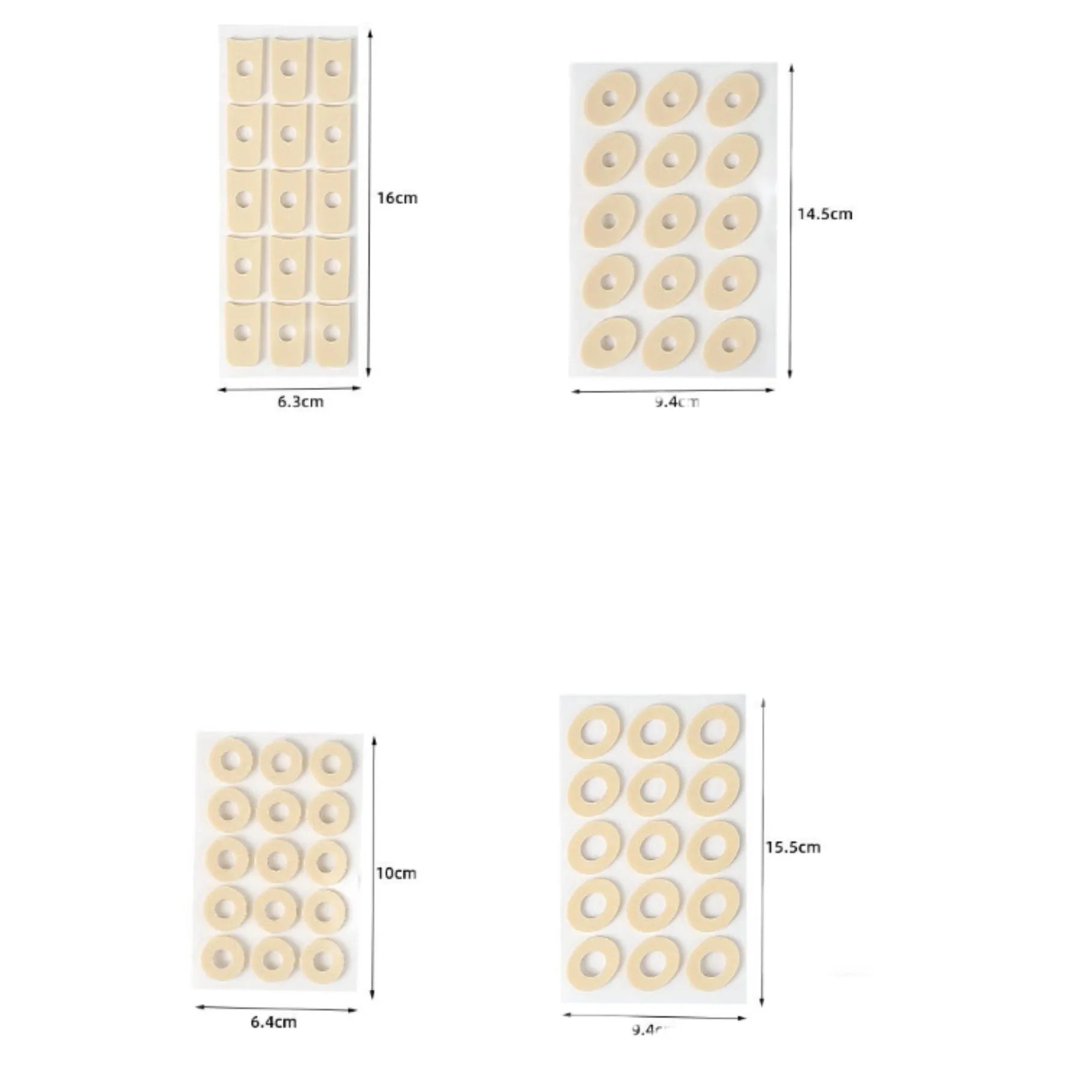 Four shapes of women's lightweight PU heel corns protective toe pads: large oval, small oval, U-shaped, and circular section.