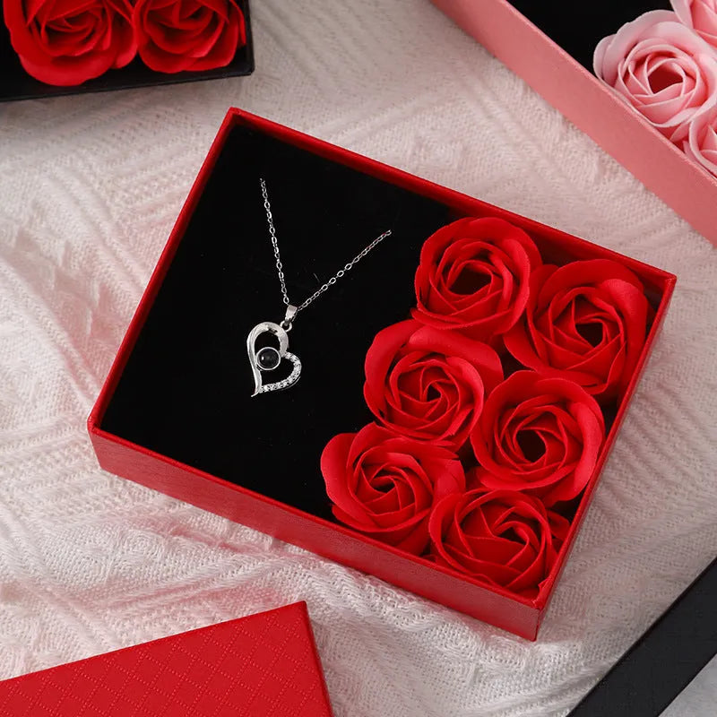 Korean style gift box with six red soap roses and a drawstring bag for Valentine's Day presents