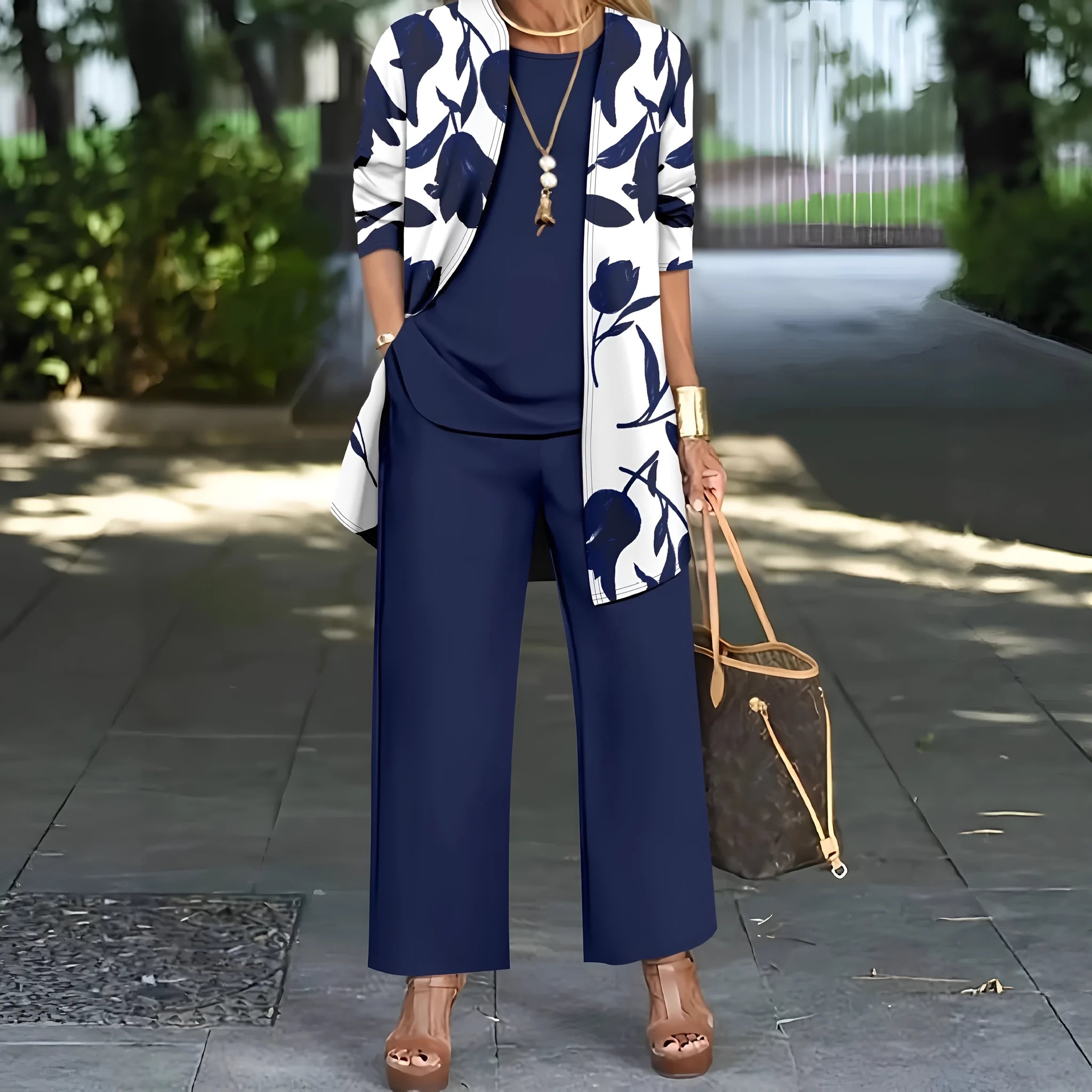Women's printed casual three-piece suit set featuring a coat, vest, and trousers in a choice of seven colours.