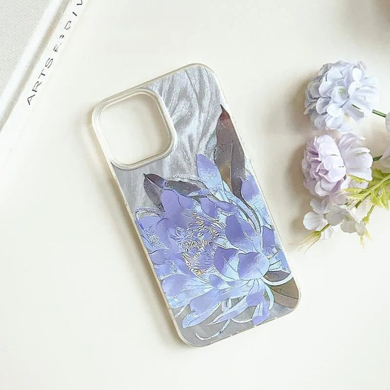 Blue Lotus pattern hard protective case for iPhone on a white background.
