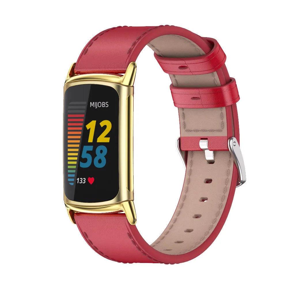 Microfiber leather watch strap for Fitbit Charge 6/5 in black with metal linker