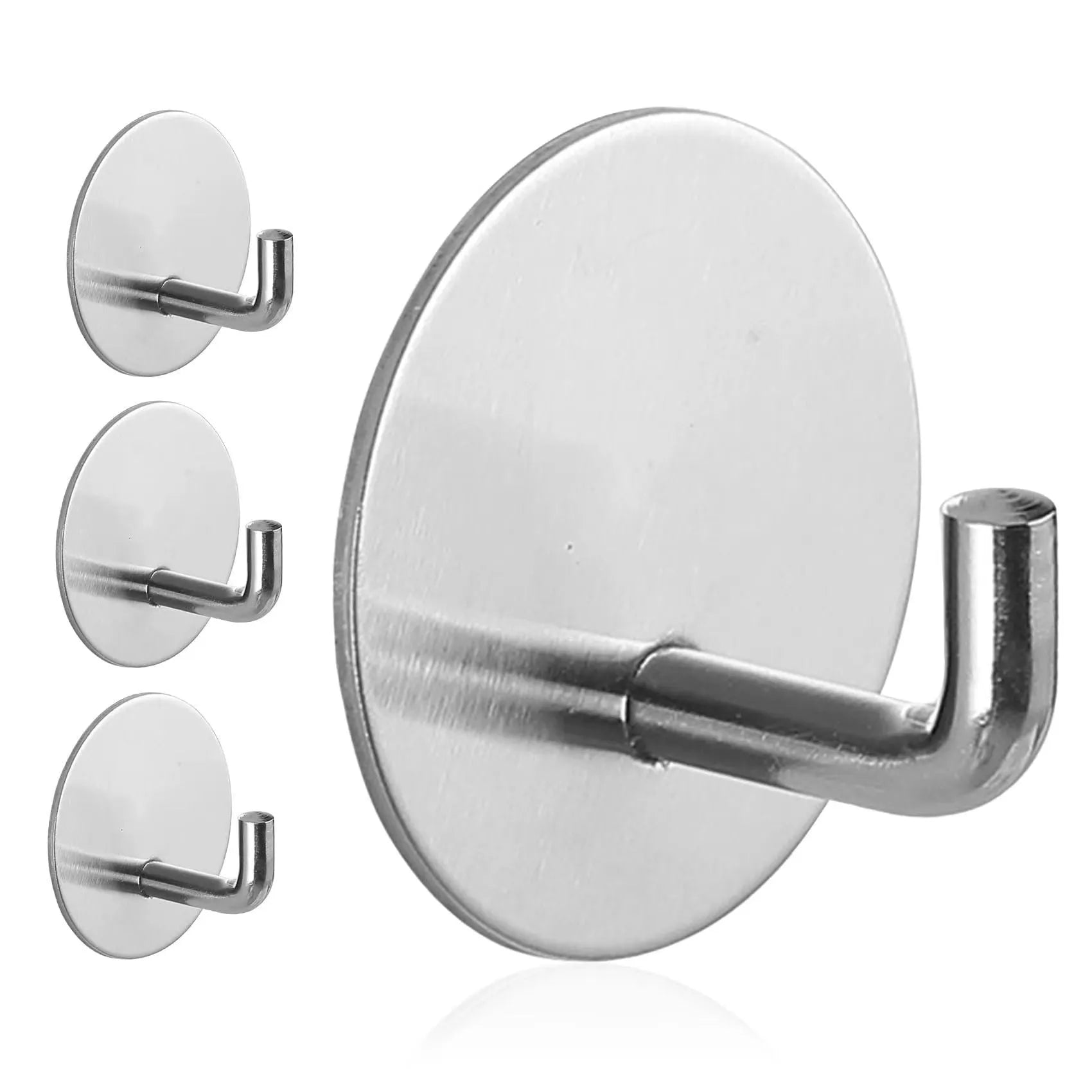 Stainless steel self-adhesive round wall hook shown in black and polished finishes.