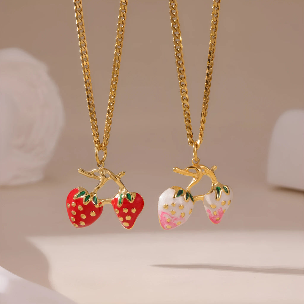 Stainless steel necklace with a strawberry fruit pendant in red or white gradient finish