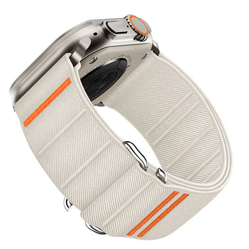 Elastic nylon Apple Watch replacement band with stainless steel buckle in Army Green colour