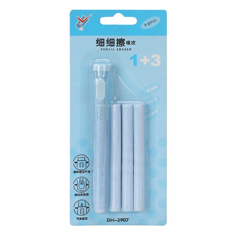Blue children's push-type automatic eraser on a desk, showing its 12cm length.