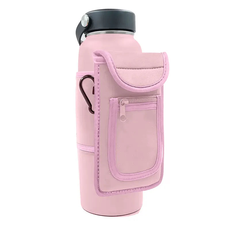 Cloth kettle cover sleeve with magnetic closure and carabiner clip options in various colours.