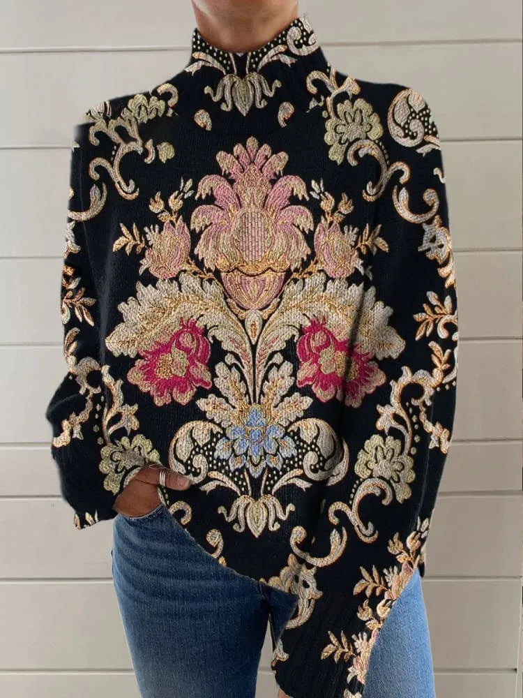 Black 3D pattern turtleneck sweater with loose fit and regular sleeves