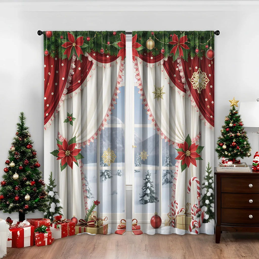 Pair of 3D digitally printed Christmas theme curtains in a red and green European style pattern.