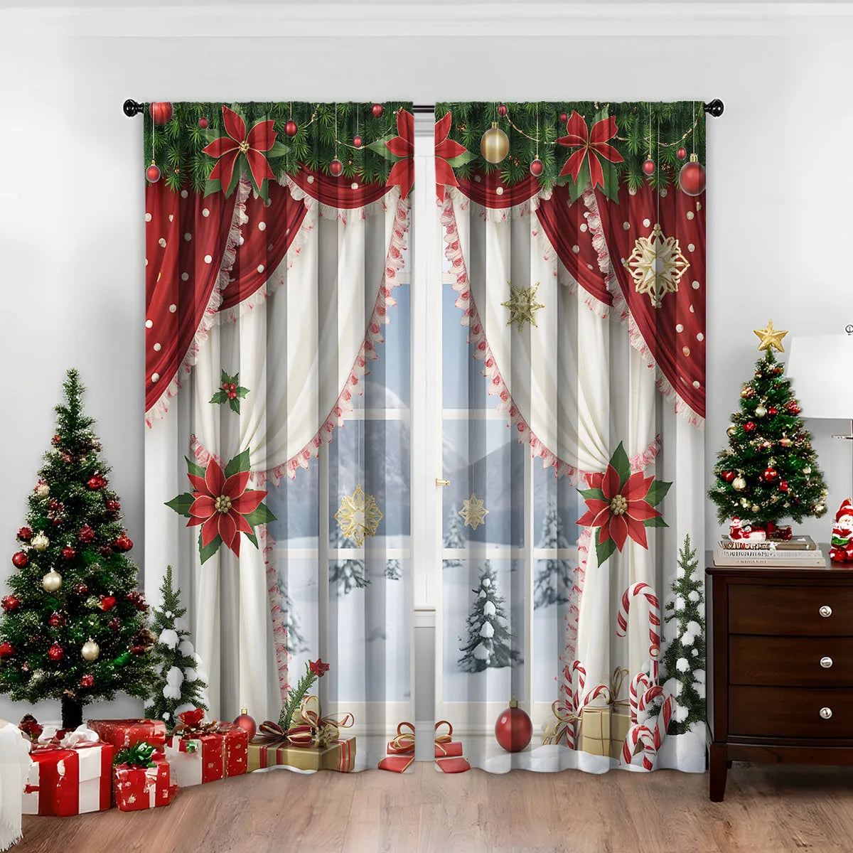 Pair of 3D digitally printed Christmas theme curtains in a red and green European style pattern.