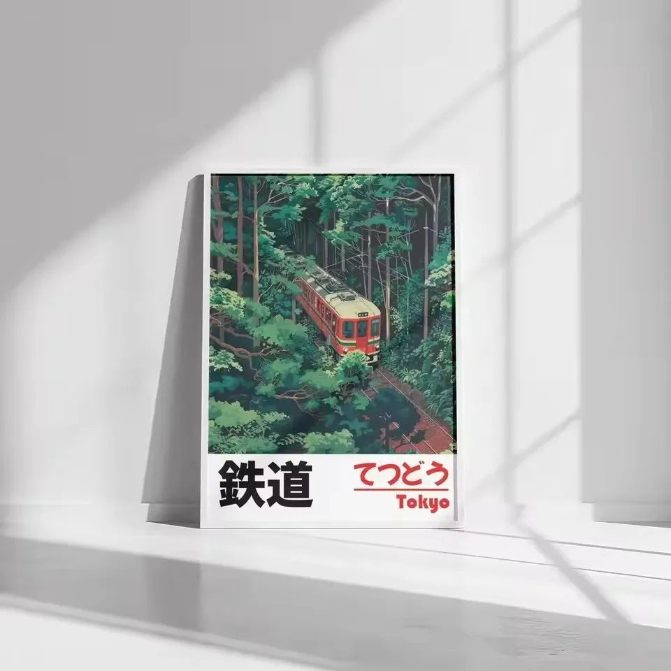 Retro Japanese railway landscape canvas print in Nordic style, unframed painting core