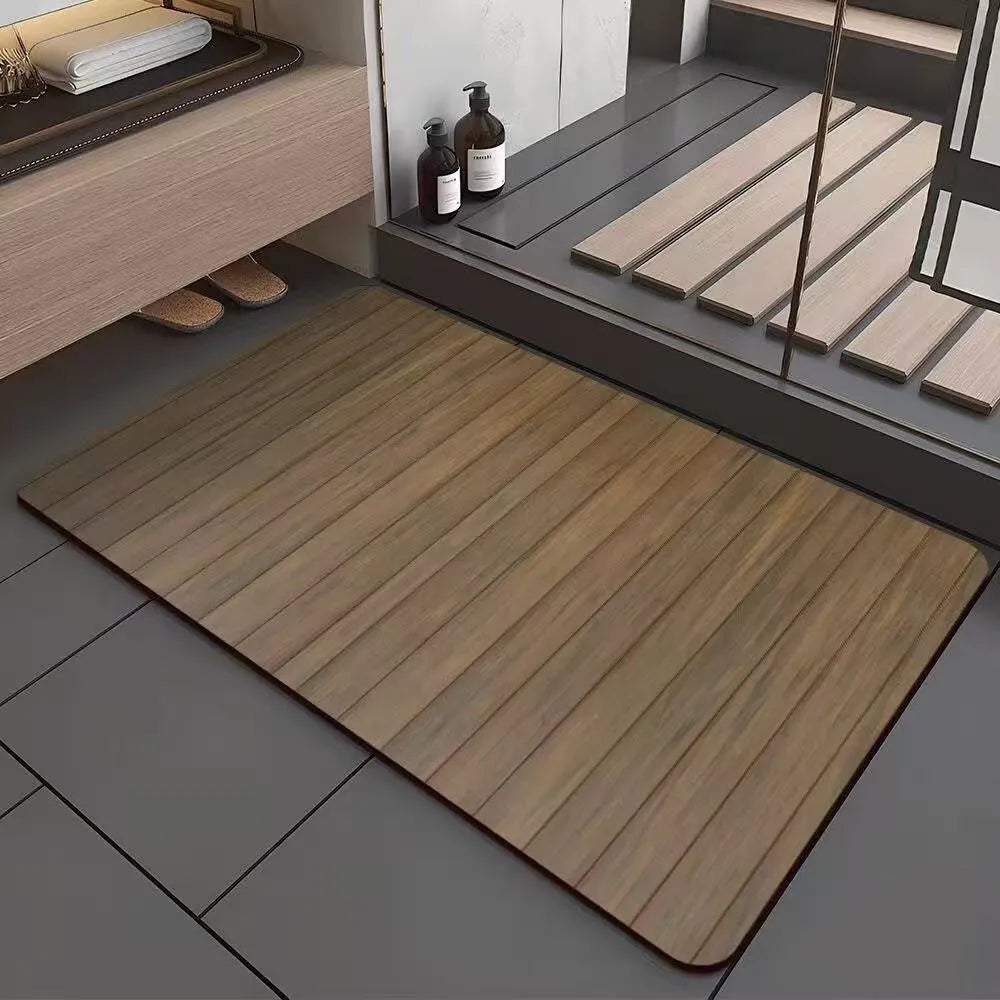 Square diatomaceous earth bathroom floor mat with geometric pattern and wood-grain colour design.