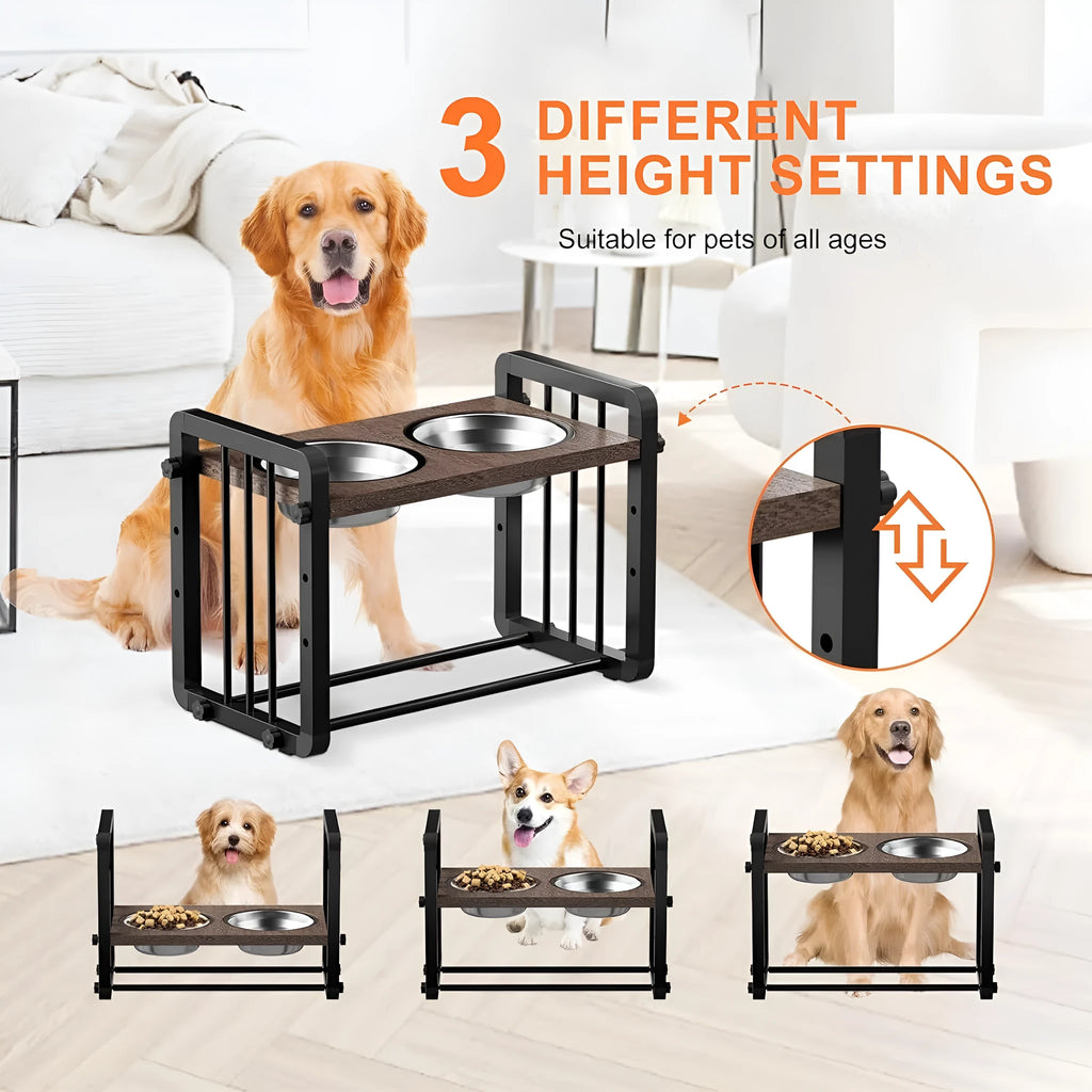 Black wooden dog bowl bracket stand with non-slip base, holding food and water bowls.