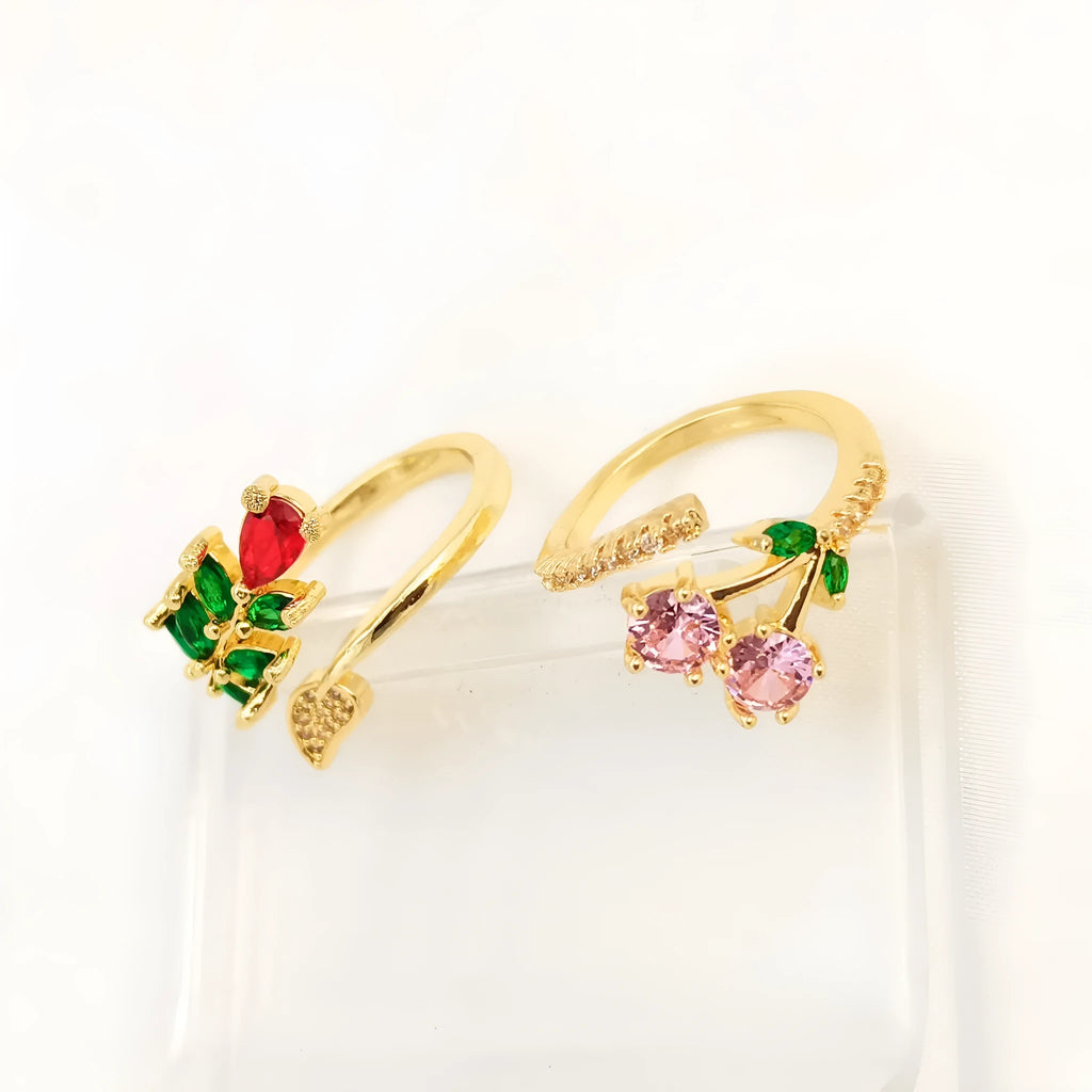 Copper geometric leaf open ring with gold plating and zircon micro-inlaid details for women