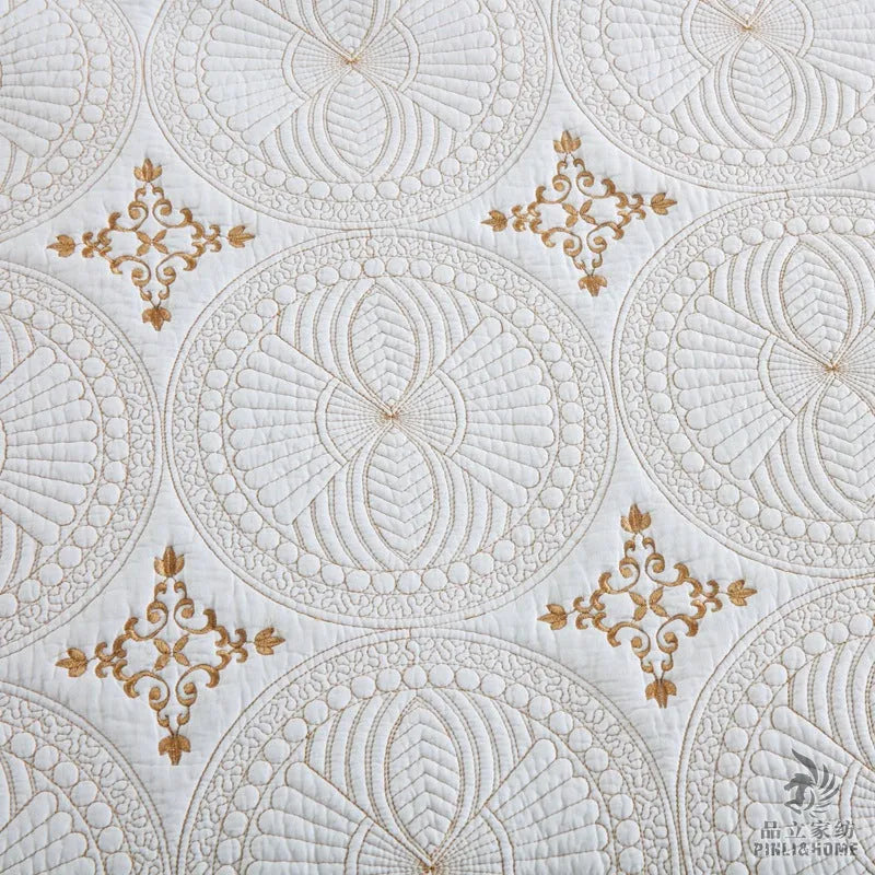 European style double thick pure cotton bed cover with embroidery, two pillowcases, on a 1.8 metre bed.