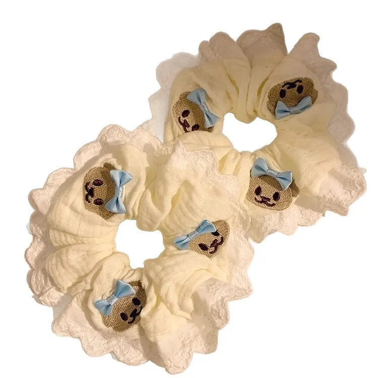 Bear blue bow lace large intestine hair ring with cloth material and high elasticity