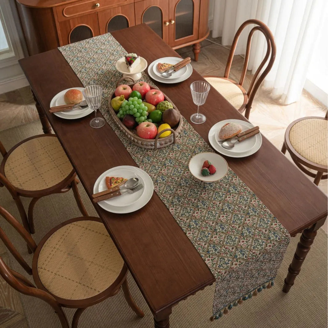 Nordic jacquard table runner with striped pattern and tassel fringe trim in dark blue colour