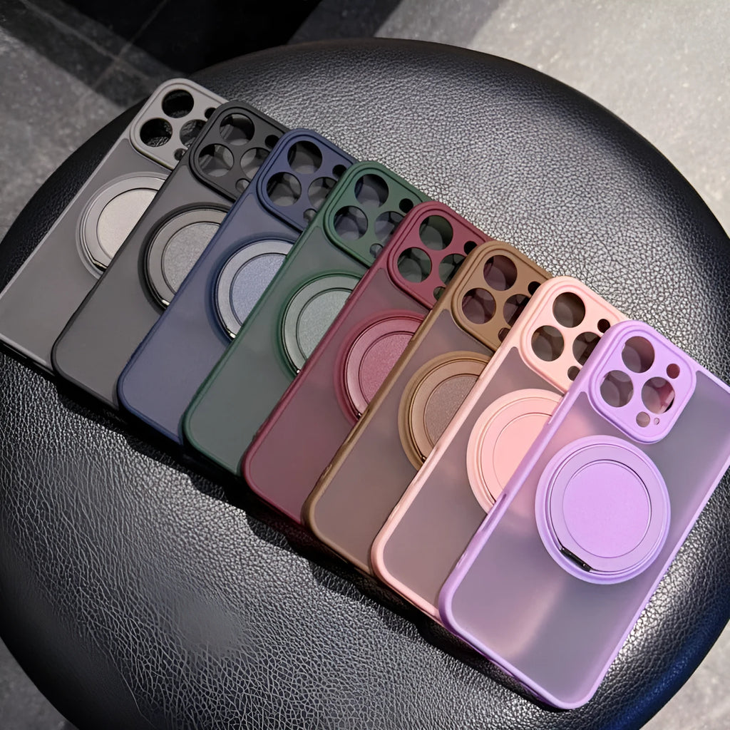 Transparent magnetic iPhone case showing invisible bracket folded out