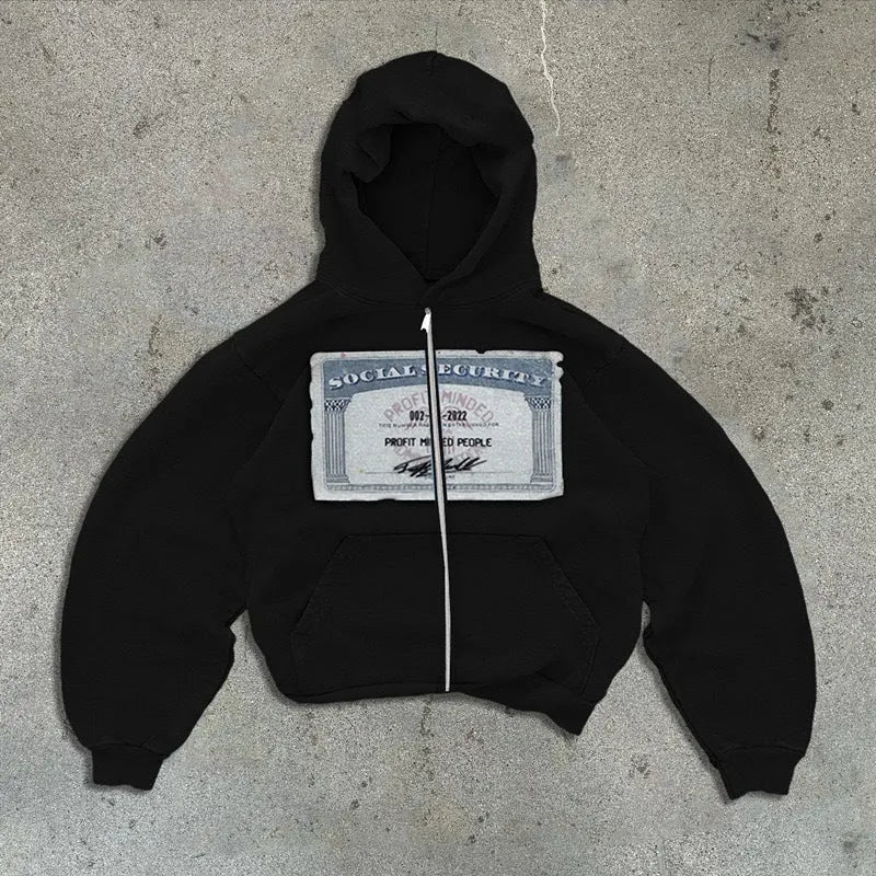 Unisex loose fit zip-up hoodie jacket with letter pattern in black, grey, or pink.