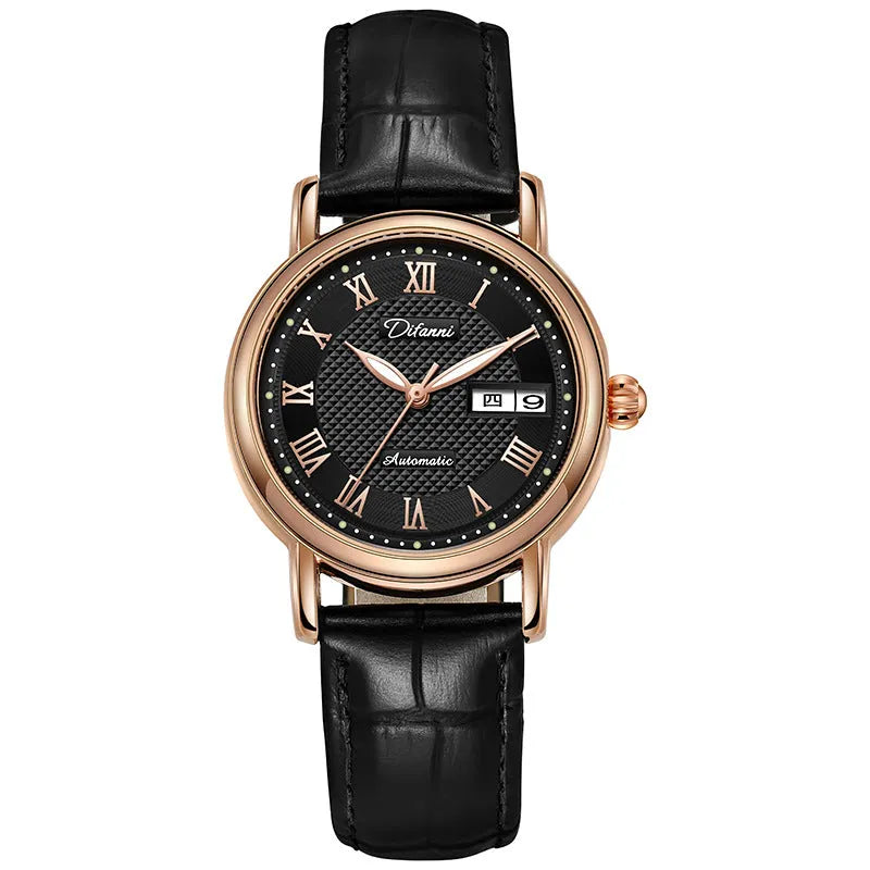 Automatic women's mechanical watch with 12mm case on steel or leather strap in various colours.