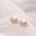 Women's retro silver-tone fan-shaped geometric drop earrings with rhinestone details on a stud post.