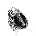 Stainless steel punk ring with detailed crow motif in geometric design, titanium steel construction