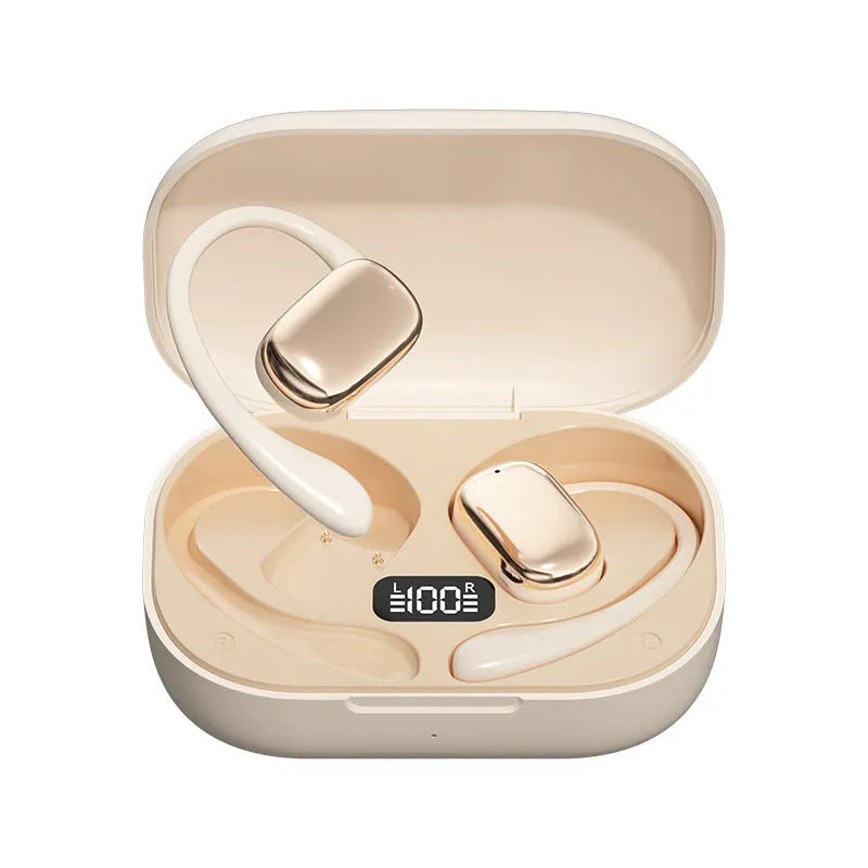 Ear-mounted wireless headphones with digital display screen in black, white, or skin colour