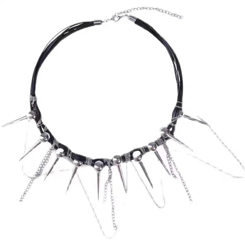Leather necklace with electroplated round beads, winding design, tassel, and point rivet details.