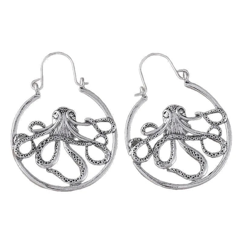 Vintage octopus earrings in antique silver finish with zinc alloy construction and animal zodiac design