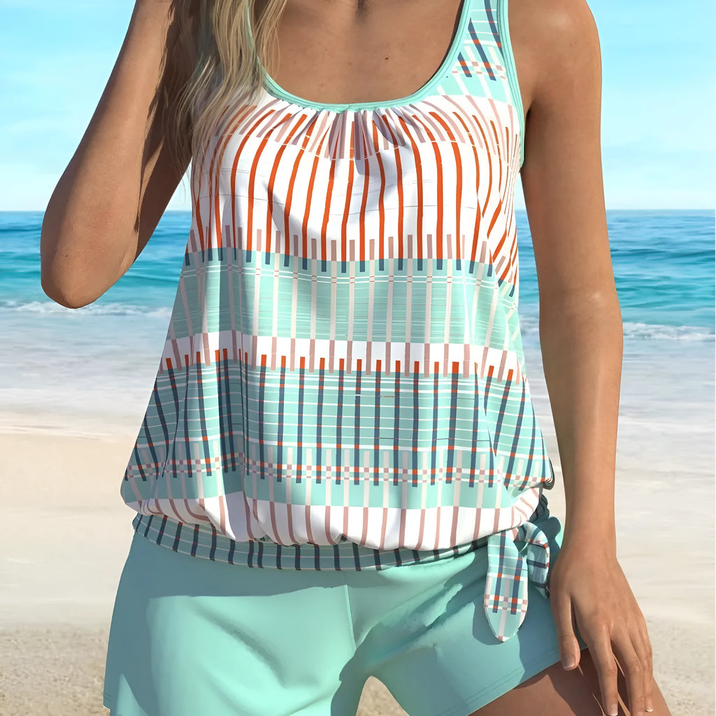 Sky blue and white striped women's bikini swimsuit on a hanger.