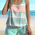 Sky blue and white striped women's bikini swimsuit on a hanger.