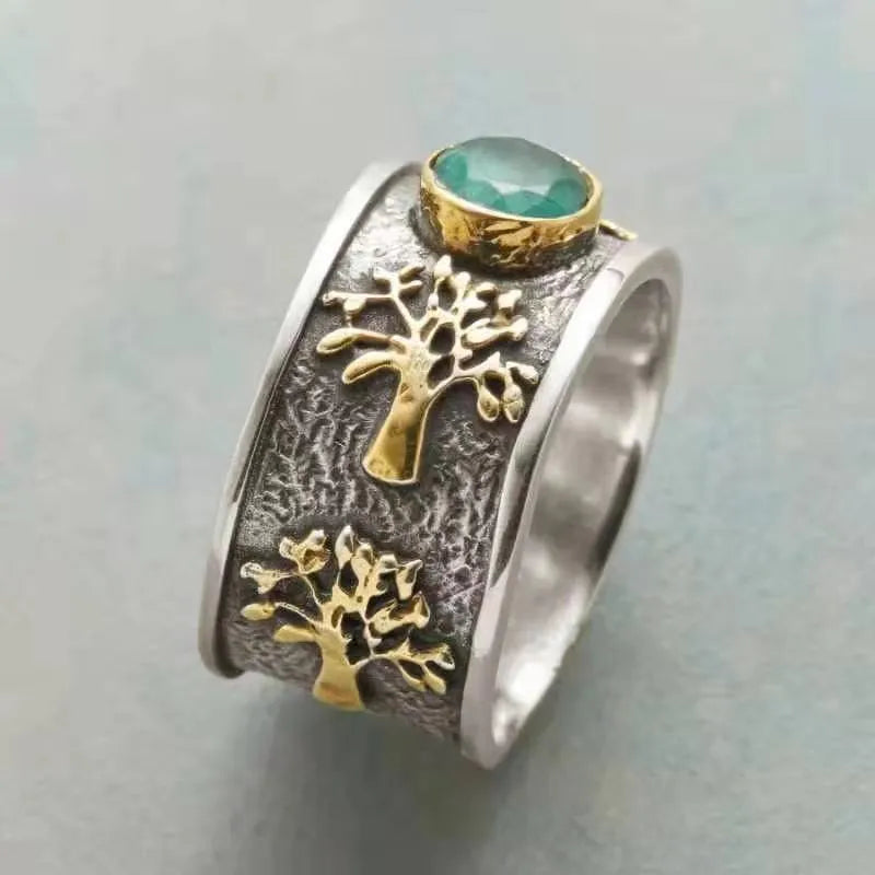 Light green vintage alloy ring with constellation modelling and geometric design featuring artificial gemstone inlays