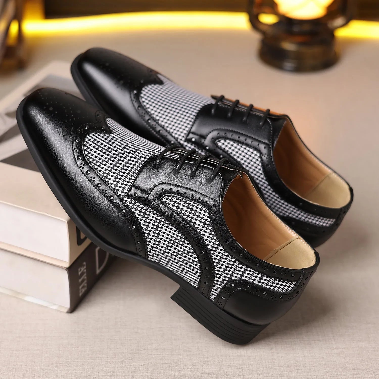 Men's black houndstooth check casual shoes with square toe and lace-up front.