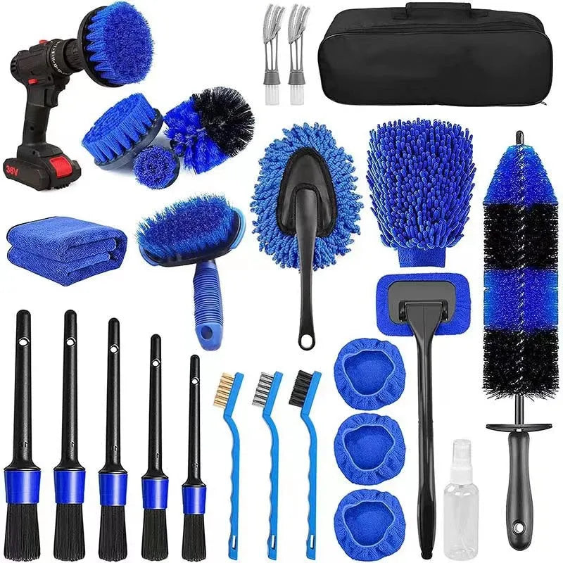 26-piece car tyre brush and wheel cleaning kit with extended handle and soft bristles