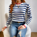 Sapphire Blue striped knitted pullover sweater with loose fit and round neckline