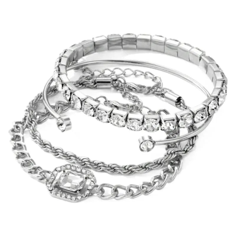 Women's retro geometric alloy bracelet four-piece set with square diamond charms in gold or silver colour