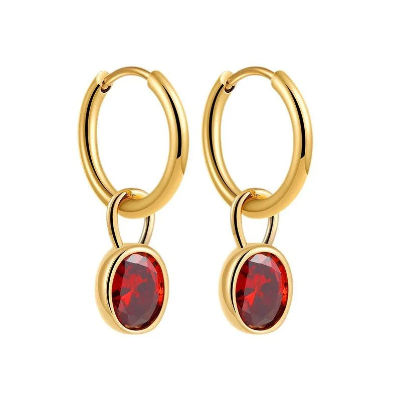 Women's retro-style oval zircon earrings in copper, shown in six colour options.