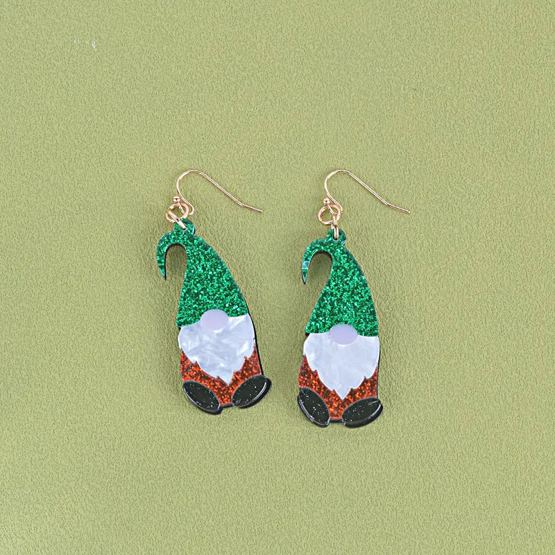 Cartoon-style Santa Claus character earrings made of red and green acrylic