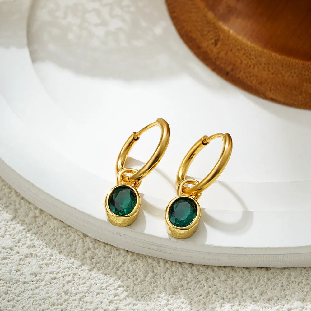 Women's retro-style oval zircon earrings in copper, shown in six colour options.
