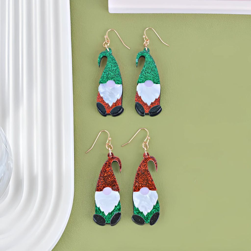 Cartoon-style Santa Claus character earrings made of red and green acrylic