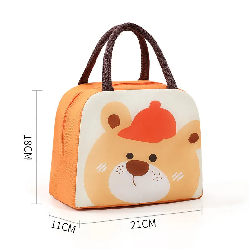 Cartoon funny children's insulated lunch box bag in Oxford cloth with animal design.