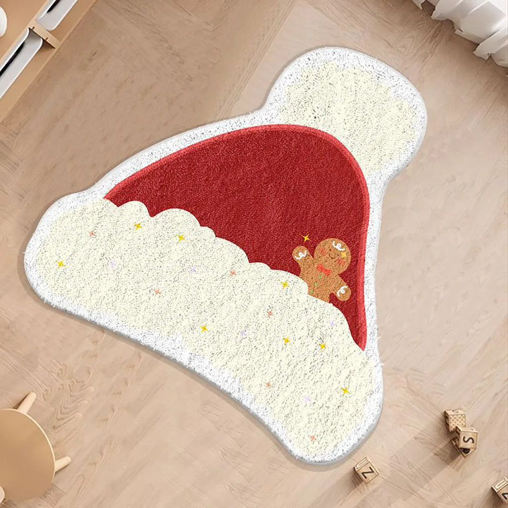 Round green Christmas carpet with alien shape design, soft imitation cashmere material, festive floor mat.
