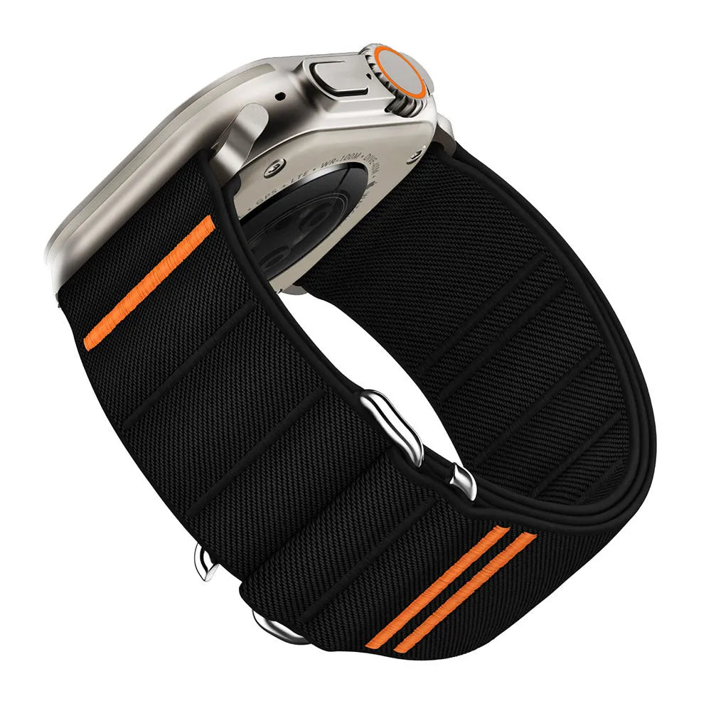 Elastic nylon Apple Watch replacement band with stainless steel buckle in Army Green colour