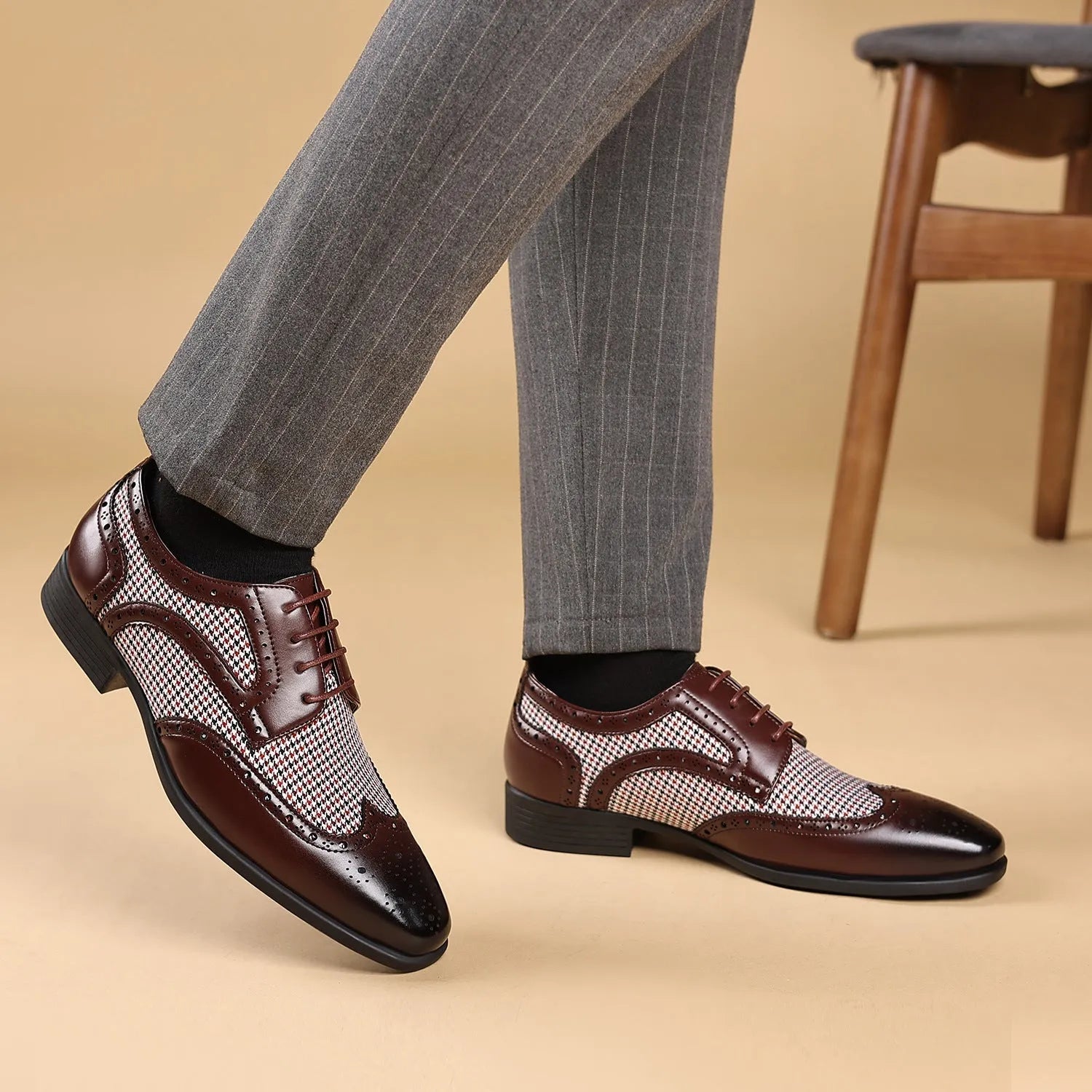 Men's black houndstooth check casual shoes with square toe and lace-up front.