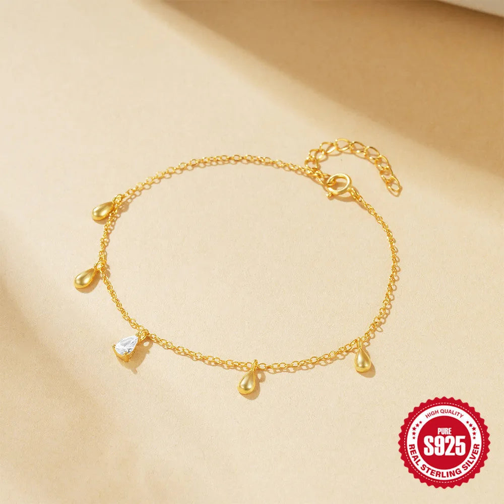S925 sterling silver bracelet with water drop diamond pendant in gold colour
