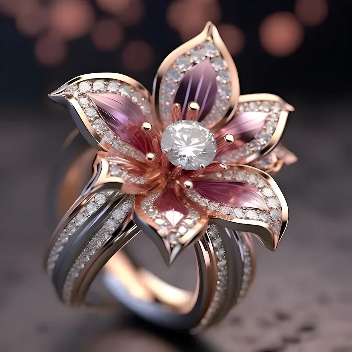 Gold-coloured alloy flower ring for women with lily design, shown in sizes 6 to 10